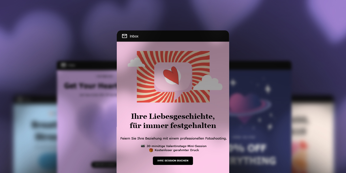 Darstellung verschiedener E-Mail-Marketing-Vorlagen für Valentinstagskampagnen.
