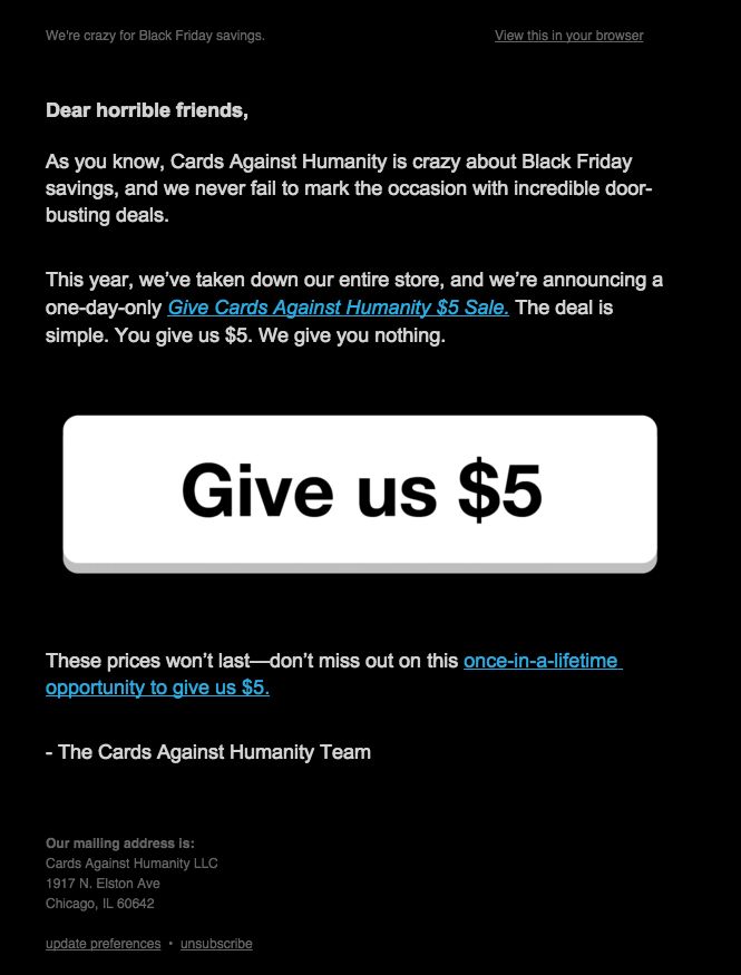 humorvolle E-Mail-Kampagne von Cards against humanity