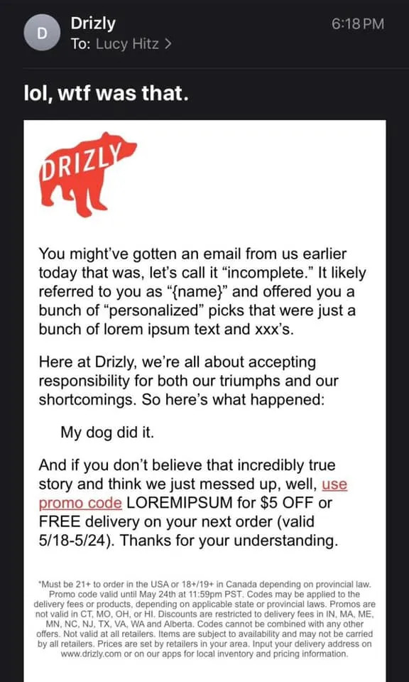 humorvolle E-Mail-Kampagne von Drizly