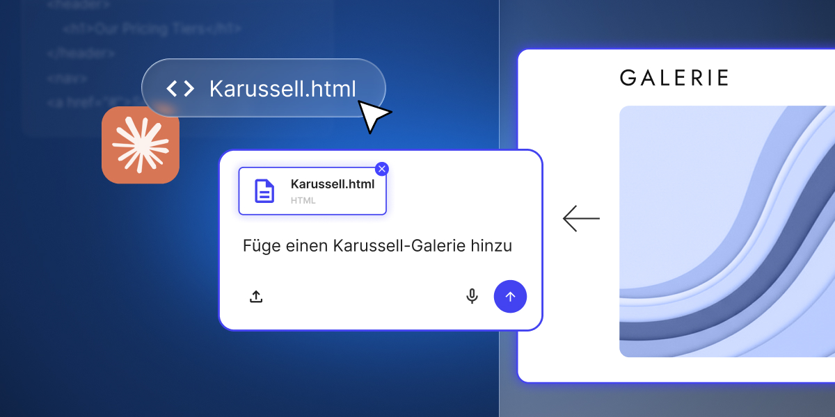 Benutzeroberfläche von Coderick AI: Die Datei Carousel.html wird hochgeladen, mit der Anweisung, einem Projekt eine Karussell-Galerie-Sektion hinzuzufügen.