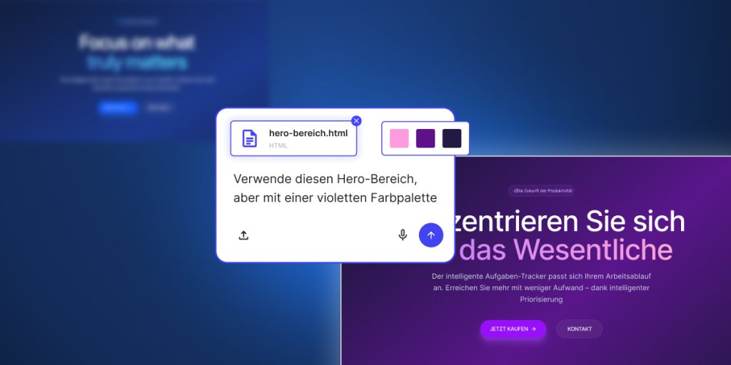 Benutzeroberfläche von Coderick AI: Die Datei hero-section.html wird hochgeladen und auf die Hero-Sektion eine violette Farbpalette angewendet.