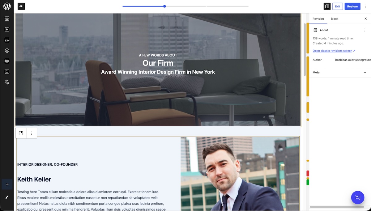 WordPress 7.0-Oberfläche zur Bearbeitung einer Website