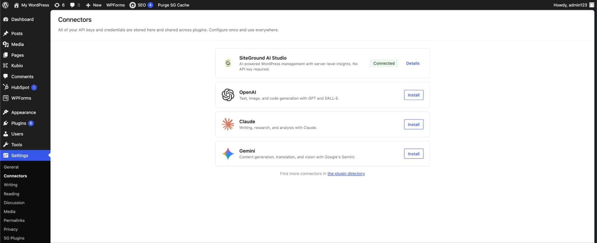 WordPress 7.0-Oberfläche zur Auswahl eines KI-Connectors