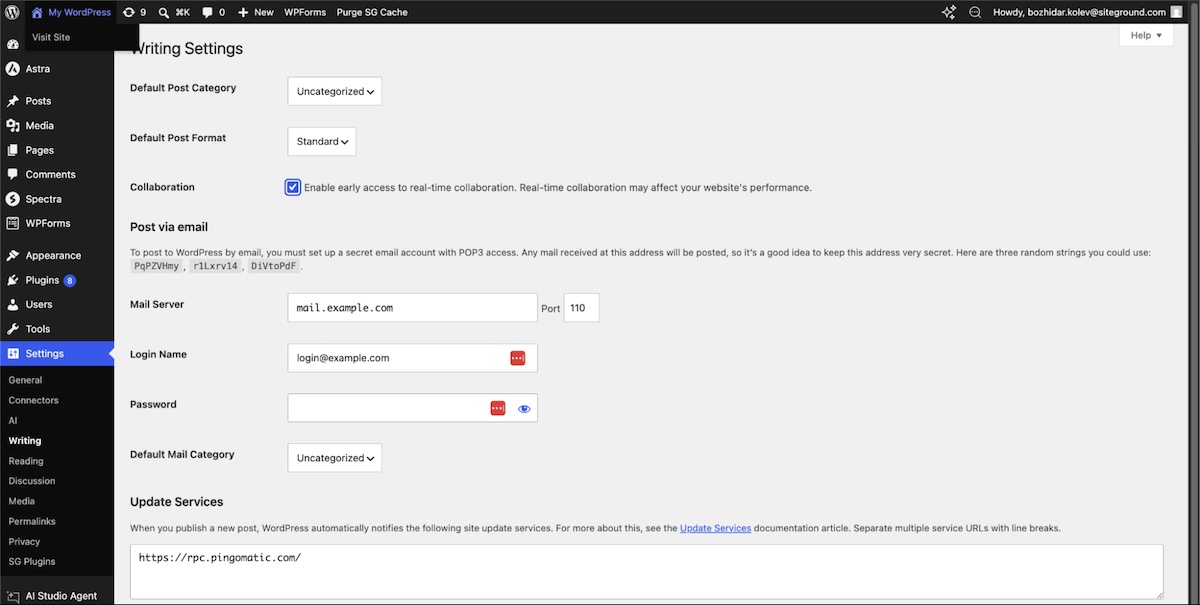 Einstellungen für das Schreiben in WordPress 7.0