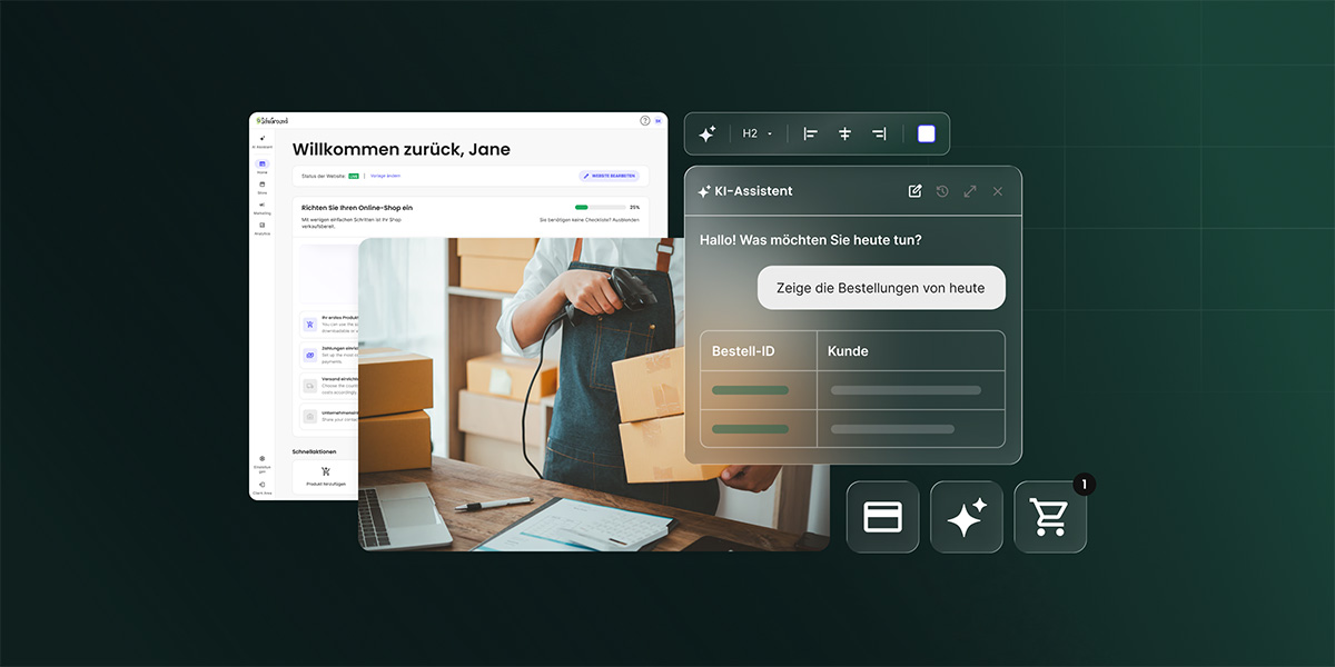 Eine digitale Grafik zur KI-gestützten E-Commerce-Verwaltung auf einem dunklen, grünen Rasterhintergrund. Links zeigt das SiteGround-Dashboard den Gruß „Willkommen zurück, Jane“ und den Leitfaden „Richten Sie Ihren Online-Shop ein“. In der Mitte ist ein Foto einer Person in einer Schürze zu sehen, die mit einem Barcode-Scanner Kartons an einem Packtisch mit Laptop scannt. Rechts zeigt ein Glassmorphism-Fenster mit dem Titel „KI-Assistent“ die Nachricht „Hallo! Was möchten Sie heute tun?“ über der Abfrage „Zeige die Bestellungen von heute“ sowie eine Übersichtstabelle mit den Spalten „Bestell-ID“ und „Kunde“. Abgerundet wird die Grafik durch Textformatierungs-Bedienelemente und drei schwebende Icons für eine Zahlungskarte, KI-Glanzsymbole und einen Einkaufswagen mit Benachrichtigungs-Badge.
