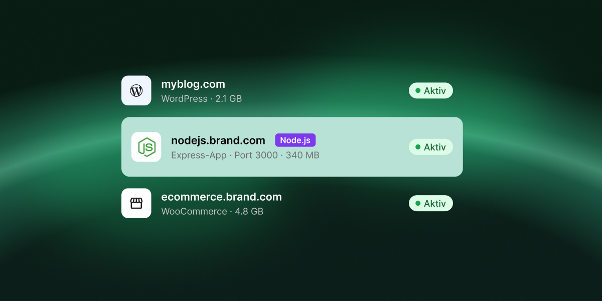 Eine Node.js-Express-App, die im SiteGround Client Area als live angezeigt wird, neben einem WordPress-Blog und einem WooCommerce-Shop