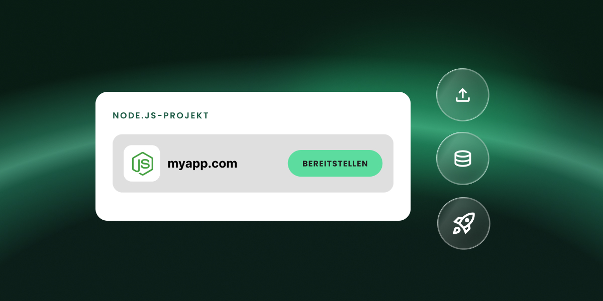 Eine Node.js-Projektkarte für myapp.com mit einer Deploy-Schaltfläche, daneben Symbole für Upload, Datenbank und Start.