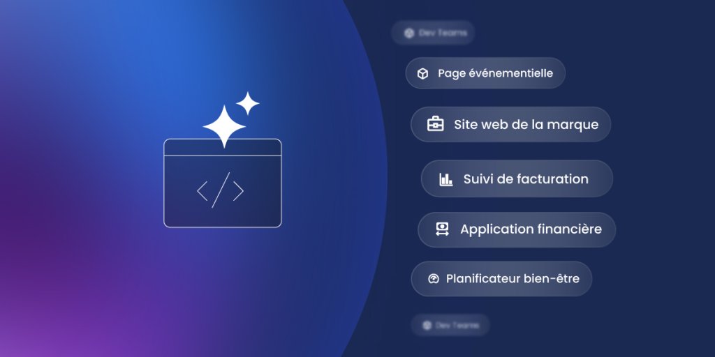 Illustration avec des encadrés représentant les applications du vibe coding page evenement site entreprise suivi des couts application financiere et planificateur personnel