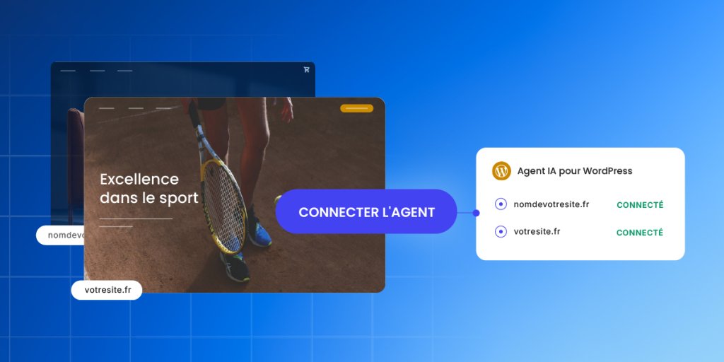 Affichage sous forme de tableau de bord de plusieurs sites web WordPress, tous liés à un panneau Agent d’IA pour WordPress qui affiche plusieurs domaines marqués comme connectés pour une gestion multisite unifiée.