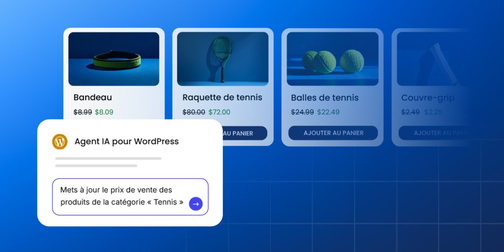 Grille de produits d’accessoires de tennis dans une boutique WooCommerce avec les prix de vente mis en évidence, tandis qu’un agent d’IA pour WordPress met à jour le prix de vente de tous les produits de la catégorie « Tennis », illustrant la gestion du commerce électronique en masse.