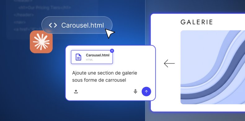 Interface de Coderick AI : téléchargement du fichier Carousel.html avec l'instruction d'ajouter une section galerie carrousel à un projet.
