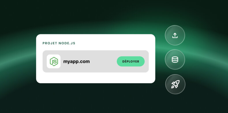 Une fiche de projet Node.js pour myapp.com avec un bouton Deploy, à côté d'icônes pour l'import, la base de données et le lancement.